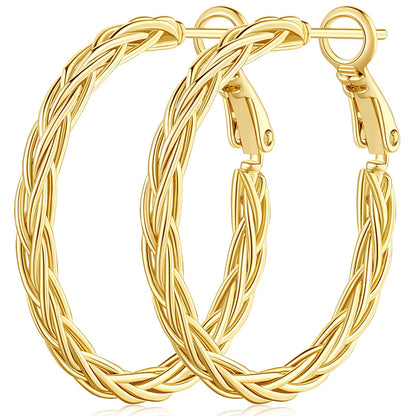 14K Gold Hoop Earrings for Women – 30mm Fine Weave Design, Lightweight