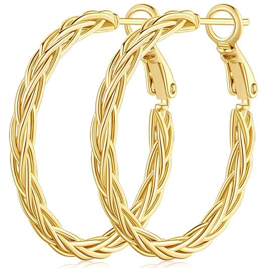 14K Gold Hoop Earrings for Women – 30mm Fine Weave Design, Lightweight