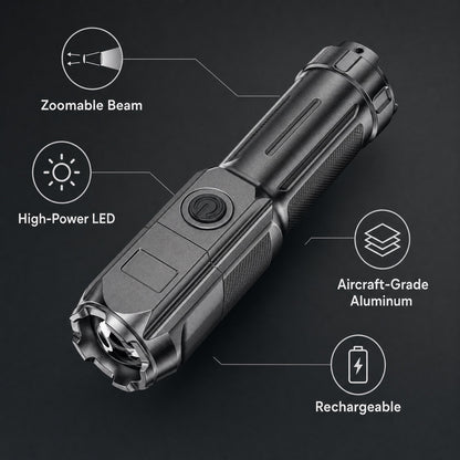 Tactical LED Flashlight – USB Rechargeable, Zoomable Beam, Waterproof